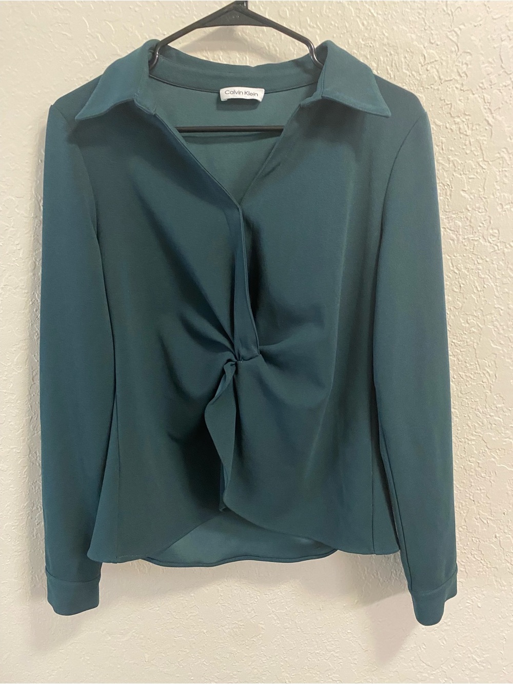Calvin Klein Teal Twist-Front Collared Long Sleeve Blouse